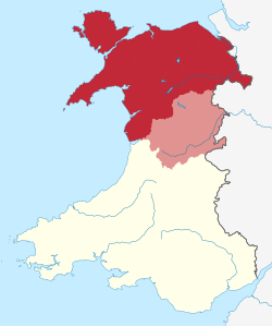 歷史定義上北威爾斯的疆域（紅及淺紅），蒙哥馬利郡（淺紅）有時會被視作中威爾士
