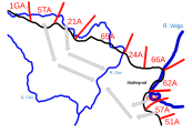 Operation Uranus Deception: Actual Soviet dispositions on 18 November 1942 (red), showing 10 Soviet armies. A=Army, TA=Tank Army. Subsequent attacks 19-26 November 1942 (gray arrows)