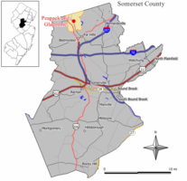 Map of Peapack-Gladstone in Somerset County. Inset: Location of Somerset County in New Jersey.