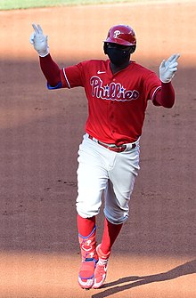 Shortstop Didi Gregorius hit a grand slam on May 5, but he missed several games later in the month due to injury Phillies Didi Gregorius homerun celebration.jpg
