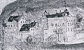 Detaillierte und älteste Zeichnung der Håkonshalle und des Rosenkrantzturmes von Hieronymus Scholeus um etwa 1580