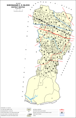 Map showing Saunja (#171) in Sheosagar block.