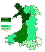 Antal kymrisktalande i Wales i procent efter kommun.