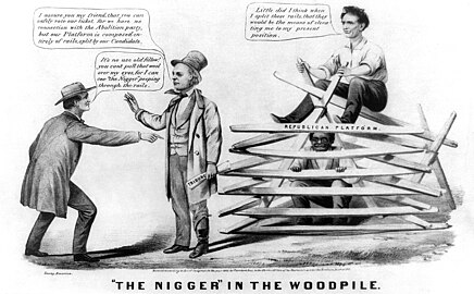 Caricature illustrant l'expression « nigger in the woodpile (en) », 1860.