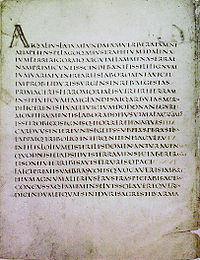 Page de manuscrit avec 20 vers en « lettres capitales carrées ». Grande lettrine « A » au début du premier.