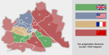 Allied-occupied zones in Vienna between 1945 and 1955 following World War II Wien Besatzungszonen.png