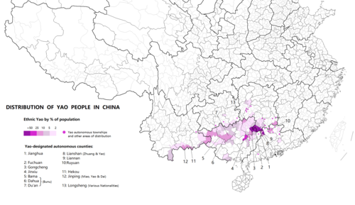 Distribution of Yao (Iu-Mien speakers) population in China Yao distribution China.png