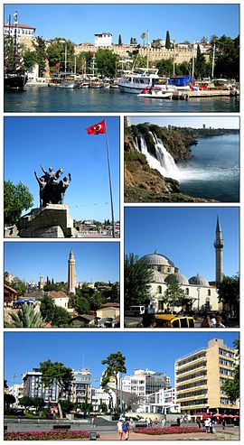 Menurut arah jarum jam dari atas: 1. Kaleiçi Marina , 2. Düden Waterfall, 3. Masjid Tekeli Mehmet Paşa Mosque, 4. Pemandangan pusat kota, 5. Masjid Yivliminare Mosque dan 6. National Rising Monument di Antalya.