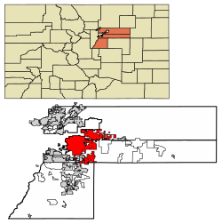 Location of the City of Aurora in Arapahoe, Adams, and Douglas counties, Colorado.