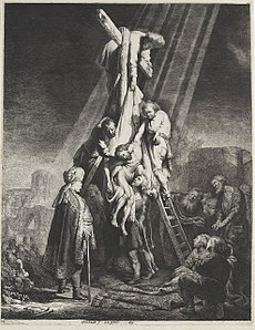 La Grande Descente de croix, eau-forte de Rembrandt (1633).