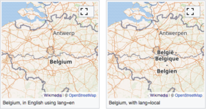 Maps of Bellgium with a specified language (English, at left) versus with lang="local". The localized version respects the fact that some Belgian names are actually entered into OSM's local "name" field in multiple languages.