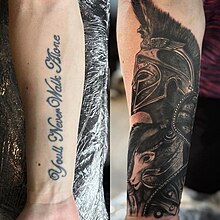 Left: "Youll Never Walk Alone" in cursive. Right: An intricate dark grayscale image of Bellerophon