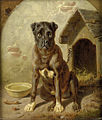 「ボクサー犬とその家」（19世紀の油絵。作者不詳。）。「むく材」でできており切妻屋根。内部にはわらがクッションや断熱材として敷かれている。