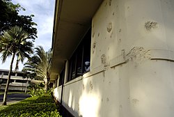 Bullet holes at headquarters building of Hickam Air Force Base.jpg