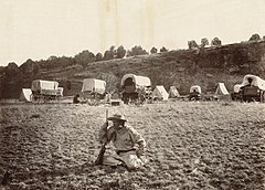 Camp of surverying party at Russel's Tank, Arizona, on eastern slope of Laja Range, 1,271 miles from Missouri River