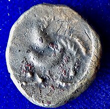 The reverse of this coin with a stylised horse r. and boar below Channel Islands, Armorican Billon Stater about 75 BC Celtic Coin, reverse.jpg