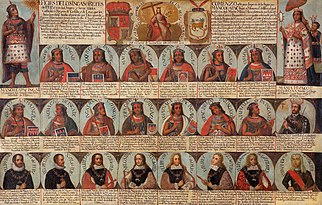 One of the Efigies de los incas o reyes del Peru, in which the Kings of Spain are portrayed as heirs to the rights of the Inca Emperors. Cuzco School - Efigies de los incas o reyes del Peru.jpg