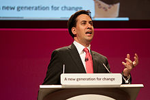 Ed Miliband was leader of the opposition and leader of the Labour Party after winning a leadership election against his brother David Miliband. Ed Miliband conference speech in Manchester, September 2010.jpeg