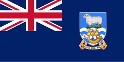 Blue Ensign with Union Flag in the canton and the Falkland Islands coat of arms in the fly.