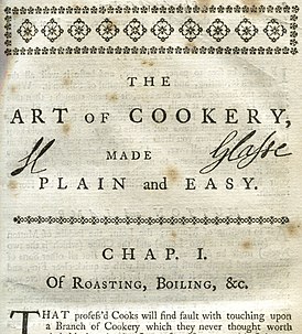 Подпись Гласс в начале первой главы её книги «Искусство кулинарии, изложенное просто и легко[англ.]», 6-е издание, 1758 г.