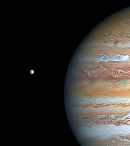 This image of Jupiter and Europa, taken by Hubble on 25 August 2020, was captured when the planet was 653 million kilometres from Earth.[235]