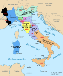 Map charting the course of Italian unification. The striped areas were passed from the Kingdom of Sardinia to the Second French Empire in 1860, in exchange for helping Sardinia expel Austria from Lombardy Italia 1843-en.svg
