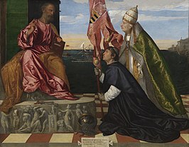 Jacopo Pesaro, bisschop van Paphos, door paus Alexander VI Borgia voorgesteld aan de heilige Petrus