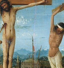 Detail from Jan van Eyck's Crucifixion and Last Judgement diptych. Christ and thief before a view of Jerusalem, c. 1430. Metropolitan Museum of Art, New York. The Crucifixion panel in this diptych is framed within an azure sky against a distant view of Jerusalem. Jan van Eyck Diptych Detail Dying Christ.jpg