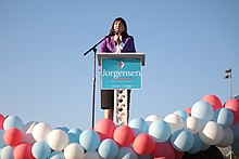 Third-party candidate Jo Jorgensen speaking at a rally, before promoting her 'Let Her Speak' message Jo Jorgensen (50448819722).jpg