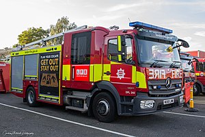 A fire engine of the London Fire Brigade, the second-largest service in the country after the Scottish Fire and Rescue Service LFB Dual Pump Ladder IMG 7079.jpg