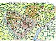 Dessin représentant une vue aérienne de la ville de la Roche-sur-Yon telle qu'elle pouvait être vers le XIVe siècle, avec son château fort et le bourg fortifié.