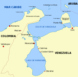 Mapa da região do lago Macaraibo, que inclui a península de Paraguaná e o cabo San Román do lado direito