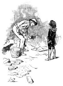 A black and white line illustration of a small child in shabby dress talks to a bent-over working man.