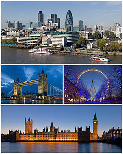 Kuvassa ylhäältä lukien ja vasemmalta oikealle: Näkymä Lontoon Cityn suuntaan, Tower Bridge, London Eye, Westminsterin palatsi.