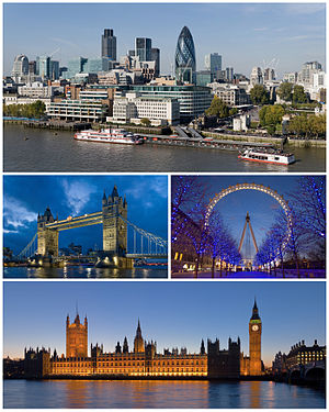 Topo: Panorama da Cidade de Londres, Meio à esquerda: Tower Bridge, Meio à direita: London Eye, Abaixo: Palácio de Westminster