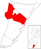 Деннис Тауншип выделен в графстве Кейп-Мэй. Карта-врезка: графство Кейп-Мэй выделено в штате Нью-Джерси.