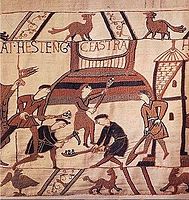 Building of a motte-and-bailey castle at Hastings in the Bayeux Tapestry.