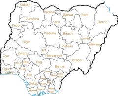 A map of the Federal Republic of Nigeria, showing its 36 states and the Federal Capital Territory Nigeria states.png