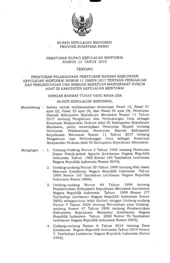 Peraturan Bupati Kepulauan Mentawai Nomor 12 Tahun 2019 tentang Peraturan Pelaksanaan Peraturan Daerah Kepulauan Mentawai Nomor 11 Tahun 2017 tentang Pengakuan dan Perlindunan Uma sebagai Kesatuan Masyarakat Hukum Adat di Kabupaten Kepulauan Mentawai
