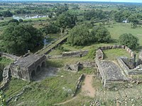 A view of the fort from the top showing fort walls and a moat