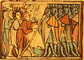Die Schlacht bei Altenesch; Miniatur in der Sächsischen Weltchronik, 13. Jahrhundert