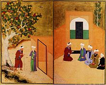 Saadi Shirazi is welcomed by a youth from Kashgar during a forum in Bukhara. Sadi and the youth of kashgar Bukhara 1547.JPG