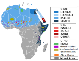 Somali territories mostly colored Prussian blue (Shafi'i Sunni); with some old gold (non-denominational Muslims) and Brandeis blue (Hanafi Sunni). Self-reported muslim affinity in africa.png