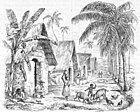 Cases des esclaves à la Martinique en 1826, par Julien Léopold Boilly.