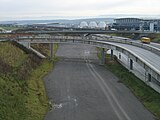 Voorbereide ondergrond en viaducten in de buurt van het beurscomplex, Messe Stuttgart.