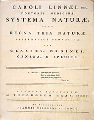 Das Titelblatt der 1. Auflage von Systema Naturae, in dem Linné sein System zur Klassifizierung der drei Naturreiche erstmals vorstellt