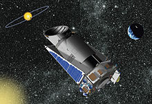 The NASA Kepler mission, launched in March 2009, searches for extrasolar planets. Telescope Kepler-NASA.jpeg