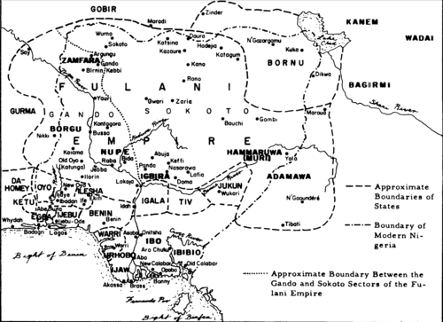 19th-century map of Nigeria; the Urhobo are marked "IRHOBO". The States of the Nigerian Region in the 19th Century.png