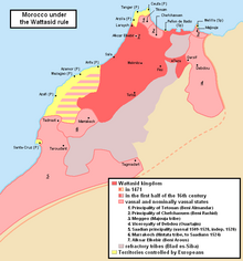 Map of the Wattasid sultanate (dark red) and its vassal states (light red)
