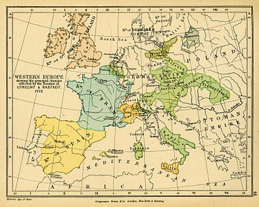 위트레흐트 조약의 결정 사항이 반영된 유럽 지도
